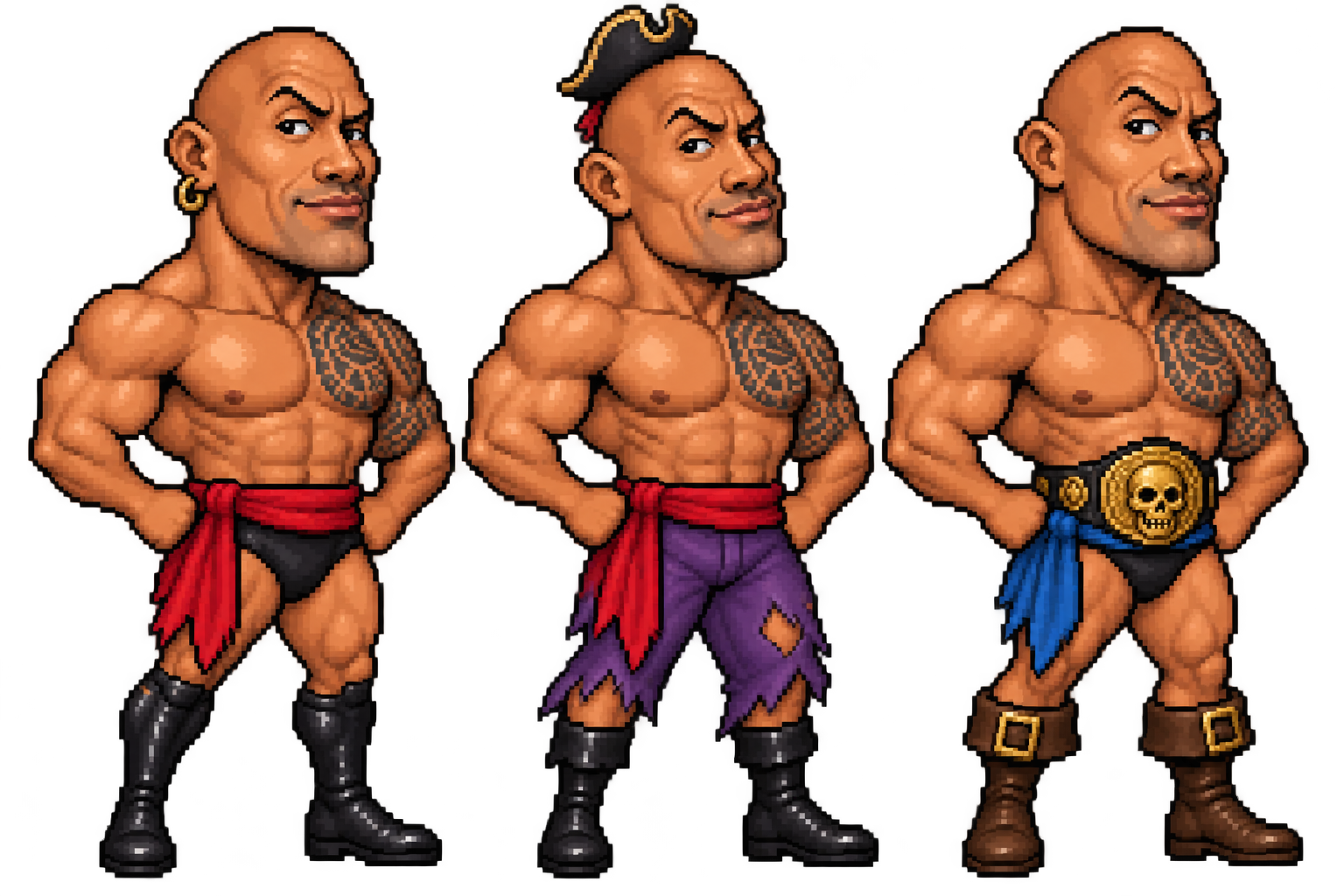 Three shirtless wrestler-pirate costume variants