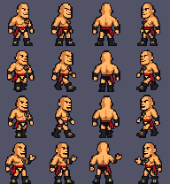 Sixteen final pixel sprites: four directions each for idle, two walk phases and talking